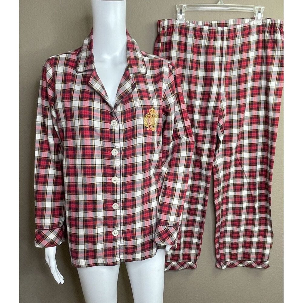 Chaps Sleepwear Red Black White Plaid Women Pajamas Set Royal Crest Large